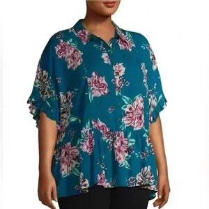 Terra Sky Women’s Plus Teal Floral Peplum Button Up Top Comfy 1X (16W-18W)